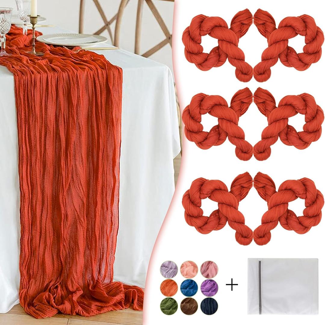 Burnt Orange Cheesecloth Table Runner 6 Pack 35" Boho Gauze 120 inches Long Runner Rustic Sheer Fabric Bulk for Baby Shower Wedding Bridal Birthday Party Table Decorations
