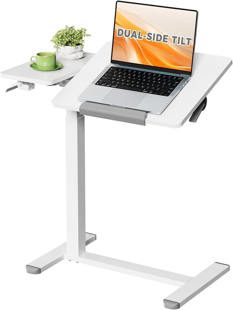 28" Mobile Bed Desk on Wheels, Dual-Tilt with Side Tray, White