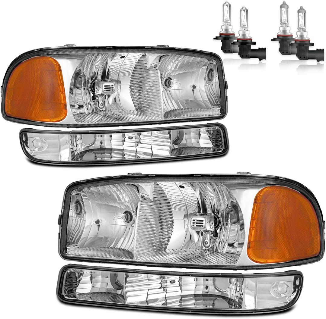 Headlights W/Bulbs for 1999-2007 GMC Sierra, for 2000-2006 GMC Yukon Halogen Headlamp Replacement Driver & Passenger Side