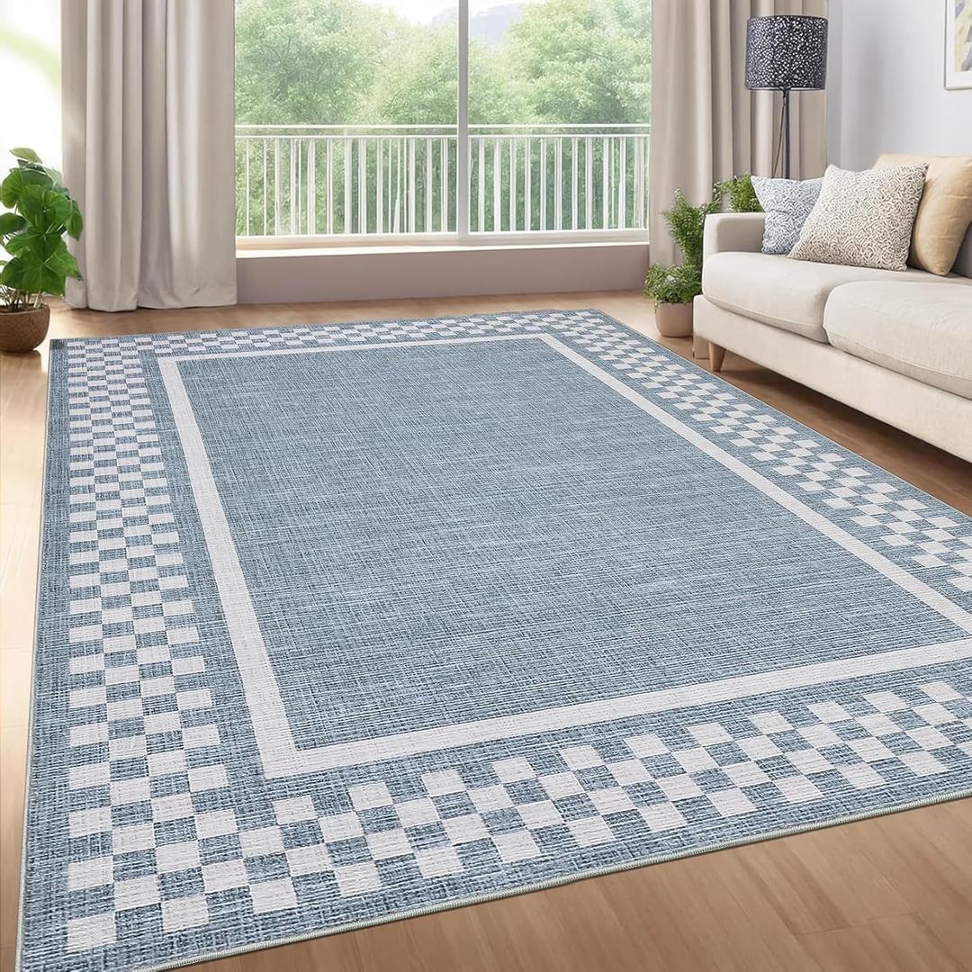 GarveeHome Modern Bordered 8x10 Area Rugs for Living Room Bedroom Soft Washable Large Bedroom Throw Carpet Non Slip Checkered Geometric Rugs for Dining Room Home Decor Office, Blue