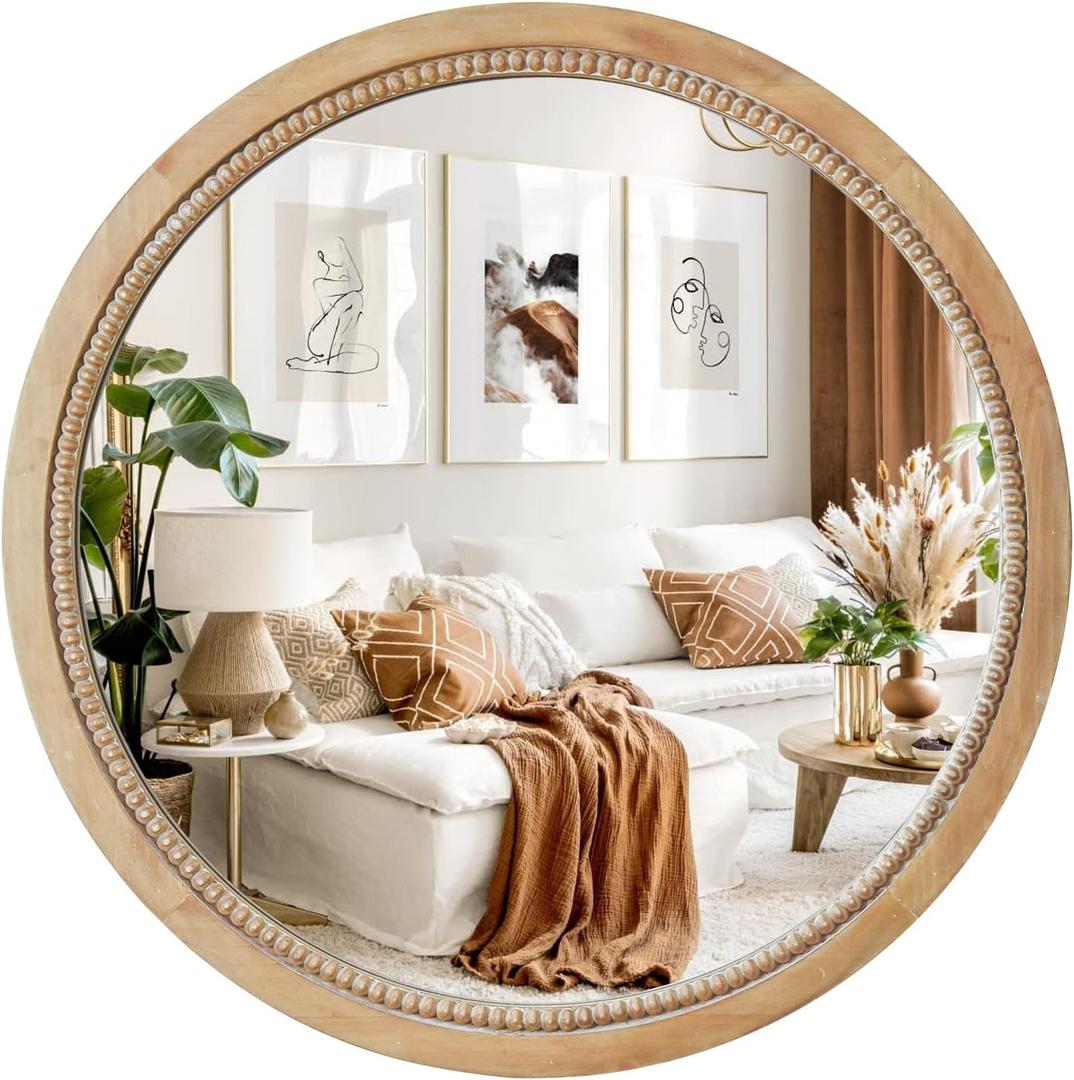 Sawsile Round Decorative Circle Farmhouse Style Mirror - 18inch Rustic Natural Wooden Frame Beads for Bedroom, Bathroom, Living Room or Entryway (Nature)