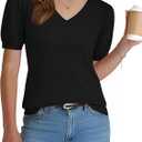 LOMON Womens Sweaters Puff Short Sleeve Lightweight Knit Summer Fall Tops Dressy V-Neck Work Blouses Business Casual Outfits (Black, S)