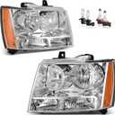 Headlights Assembly Halogen W/Bulbs for 07-14 Chevy Tahoe Suburban 1500/07-13 Avalanche Suburban 2500 Headlamp Replacement with Amber Corner Lamps, Driver & Passenger Side, Chrome