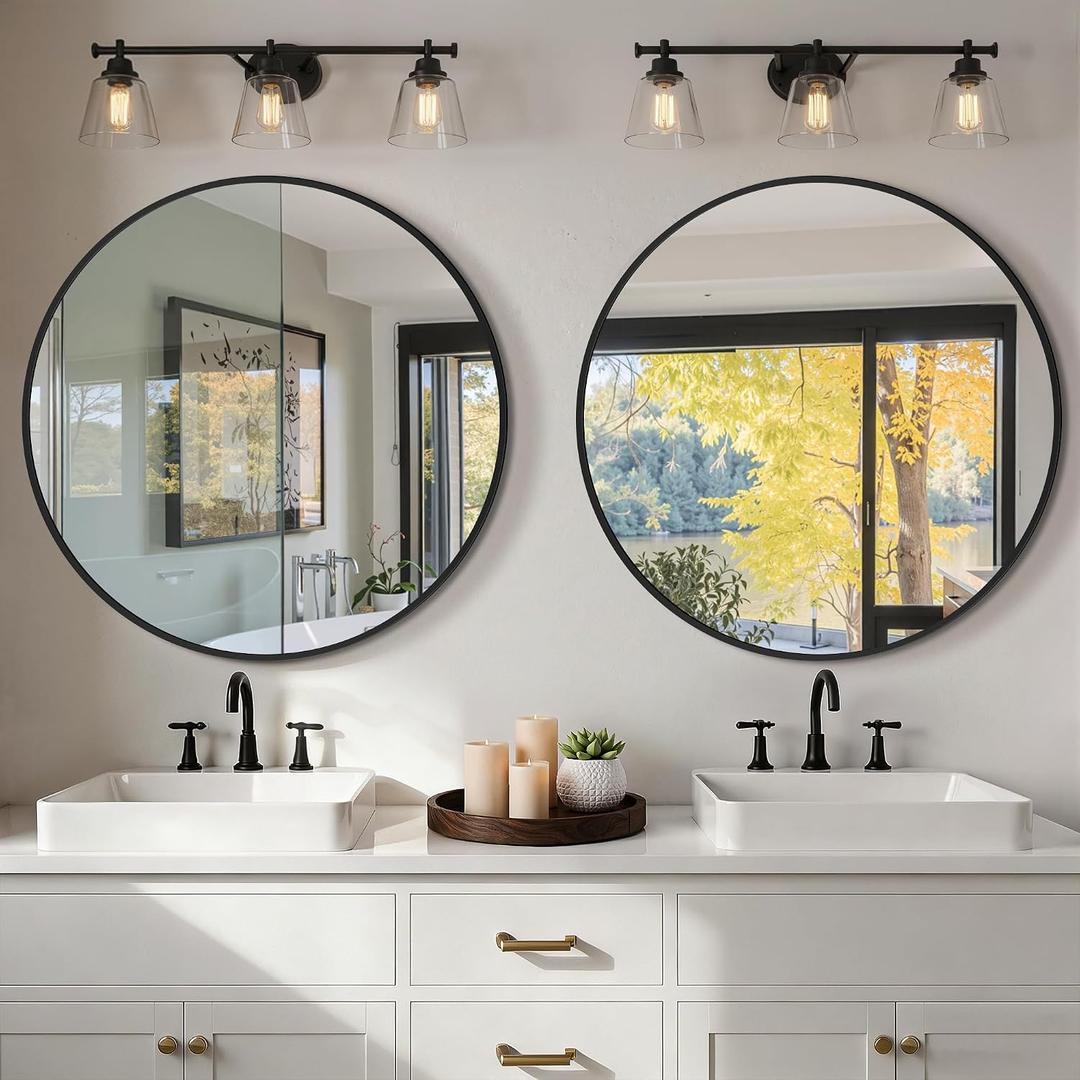 Round Bathroom Mirror for Wall, 2 Pack 26 inch Circle Bathroom Mirrors for Over Sink, Modern Circular Metal Frame for Vanity, Entryway, Bedroom, Living Room(Black)