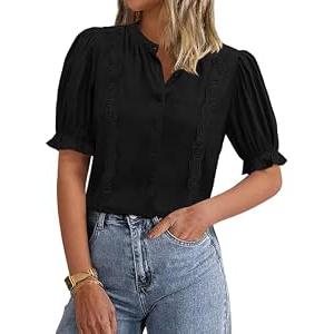 PRETTYGARDEN Women’s Puff Ruffle Sleeve Tops 2025 Summer Trendy V Neck Button Down Shirts Business Casual Embroidery Chiffon Blouses (Black, XXL)