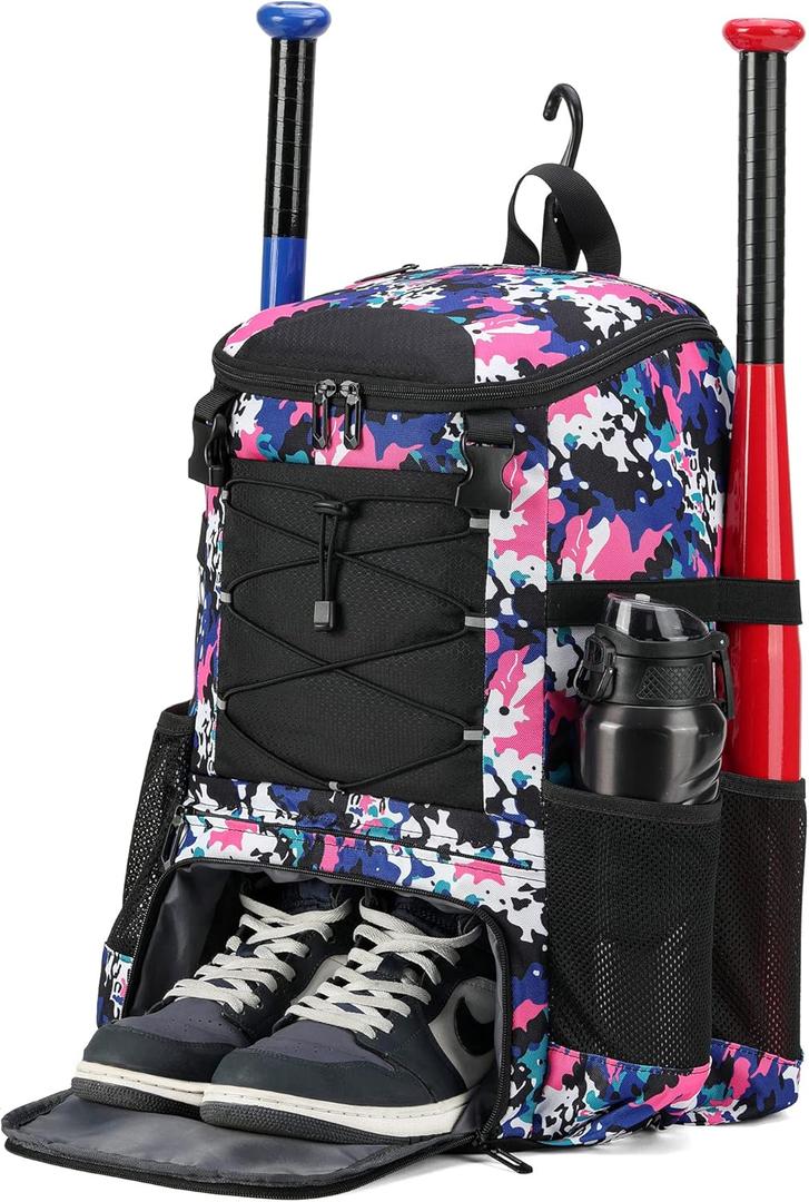 Softball Bag, Baseball Equipment Backpack for Youth Girls Adult, Lightweight With Shoe Compartment, Fence Hook for TBall, Bat, Helmet (PinkCamouflage)