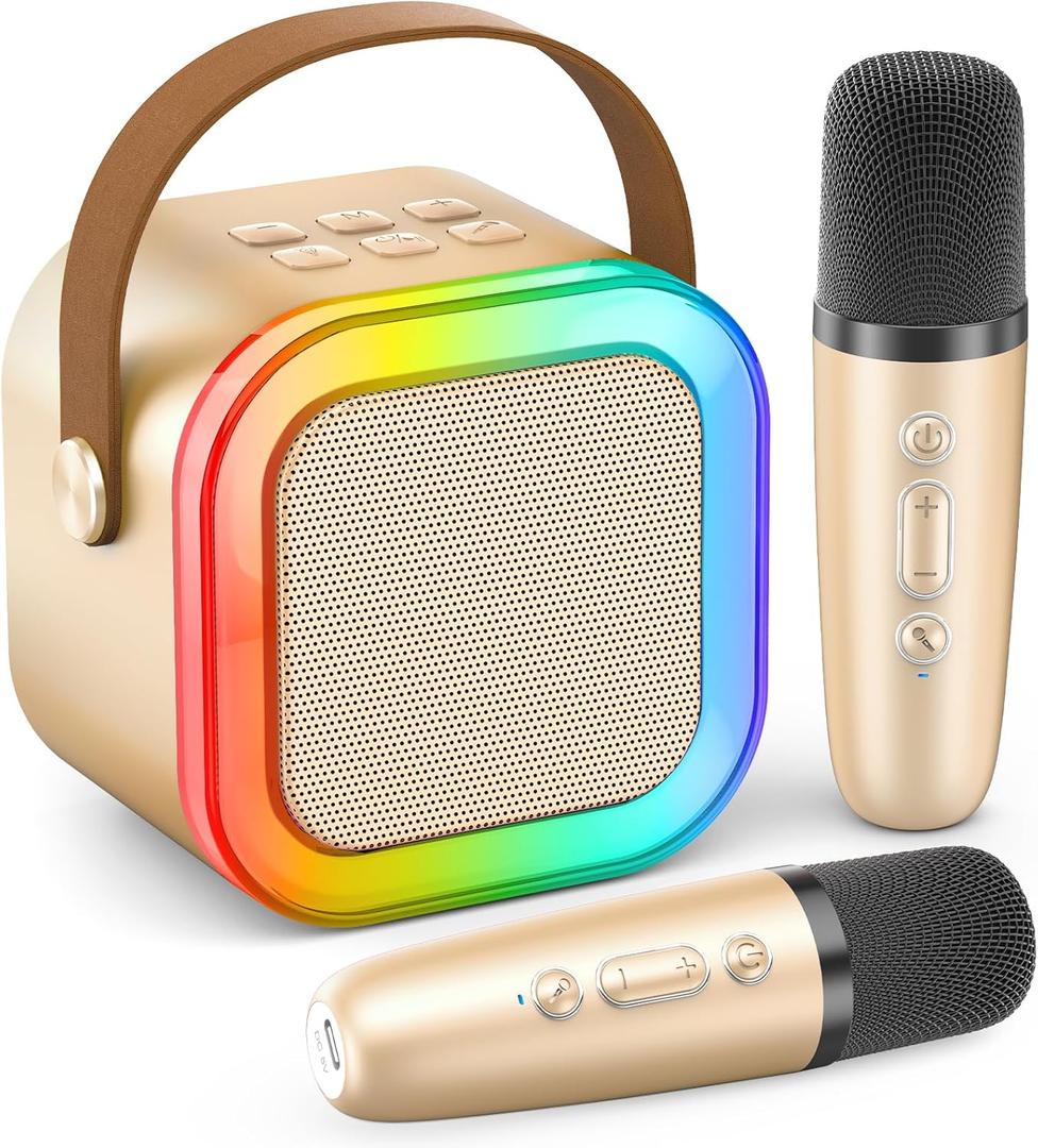 Karaoke Machine for Kids Adults, Portable Bluetooth Mini Karaoke Microphone Singing Speaker Karaoke Player with 2 Wireless Mic Kids Toys for All Smartphones,Birthday, Family,Home Party (Gold)