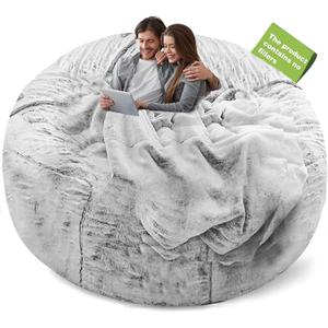 (No Filler Bean Bag Chair Cover Without Filler, Big Round Soft Fluffy PV Velvet Washable Bean Bag Lazy Sofa Bed Cover for Adults, Living Room Bedroom Furniture Outside,5ft Snow Grey