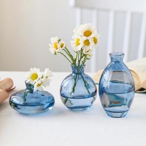 Glass Bud Vase Set of 3, Mini Vases Small Vases for Flowers, Glass Vases for Home Decor Centerpieces, Decorative Modern Flower Vase for Wedding, Bookhelf Décor, Table Décor (Blue)