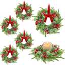 6 Pcs Mini Christmas Wreaths for Kitchen Cabinet, 7.87" Small Christmas Wreath with Ribbon Bows, Red Berry Norfolk Pine Candle Ring Holder for Table Centerpiece Window Chair Wall Decors