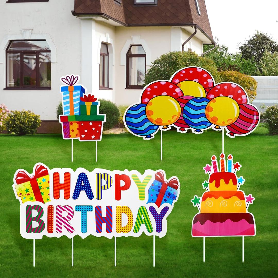 Happy Birthday Yard Signs, 4-Pack Birthday Lawn Sign Yard with Stakes, Vibrant Cake Balloon Design, Waterproof Birthday Party Supplies & Decor Indoor and Outdoor
