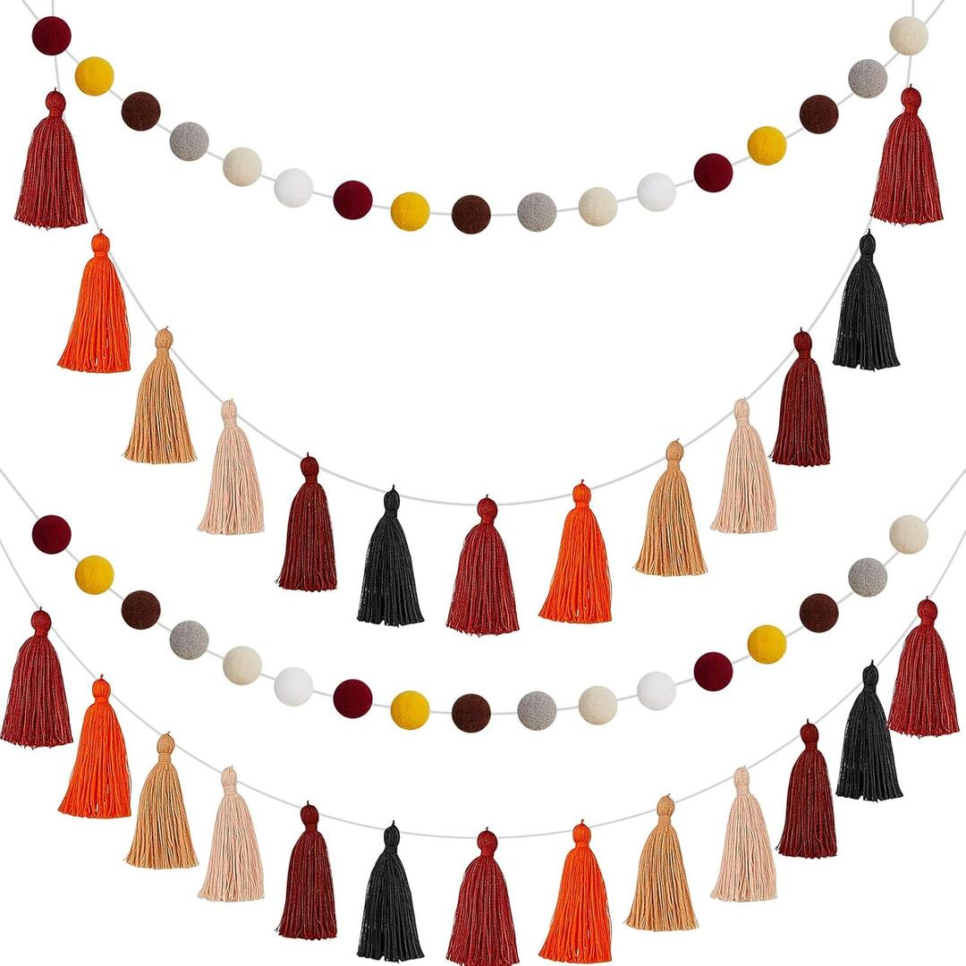 Syhood 4 Pcs Thanksgiving Christmas Pom Pom Tassel Garland Fall Felt Ball Banner Decorative Colorful Pompom Garland for Thanksgiving Autumn Xmas Theme Party Classroom Home Decor(Classic Colors)