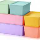 Menkxi 6 Pcs Plastic Storage Bins with Lids Stackable Storage Containers Durable Box Baskets for Organizing Shelves Playroom Classroom Office (Macaron Color, Large and Small)
