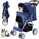 4 Wheels Pet Stroller for Small Medium Dogs Cats 10-33 lbs, Foldable Dog and Cat Stroller with Cup Holder & Storage Basket & Breathable Mesh, Pet Strolling Cart for All-Season, Navy Blue