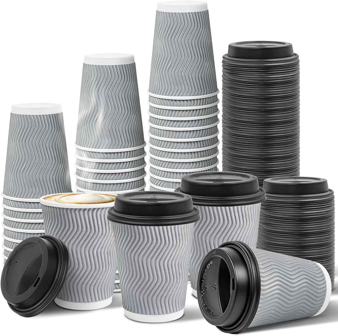 Ginkgo 100 Pack 12 oz Disposable Insulated Coffee Cups With Lids, Double-Walled Ripple To Go Paper Travel Cups for Hot Drinks - Gray