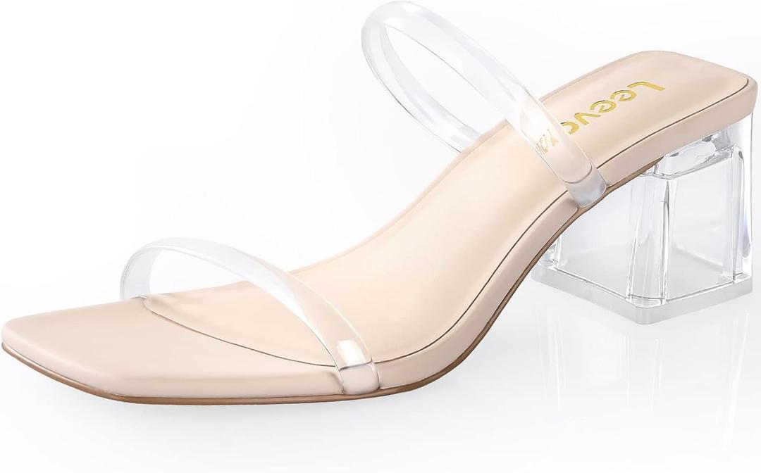 Leevar Square Toe Heeled Sandals for Women - Women's Low Block Heels Sandals - 2.25IN Open Toe Ankle Strap Chunky Heels - Slip on Heeled Sandal Mule- Nude Black Strappy Heels for Party Wedding Dress Shoes (8, Clear)