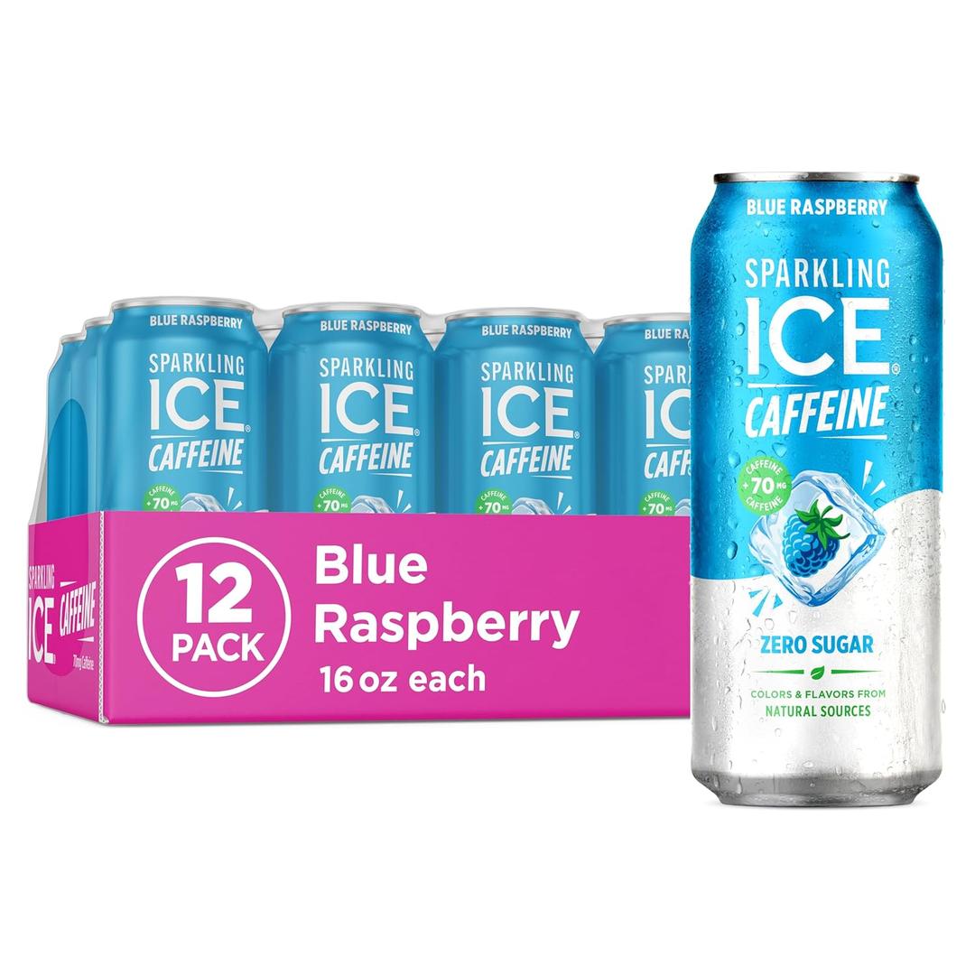 Sparkling Ice Caffeine Blue Raspberry Sparkling Water with Caffeine, Zero Sugar, with Antioxidants and Vitamins,16 fl oz Cans (Pack Of 12), No BBD Found