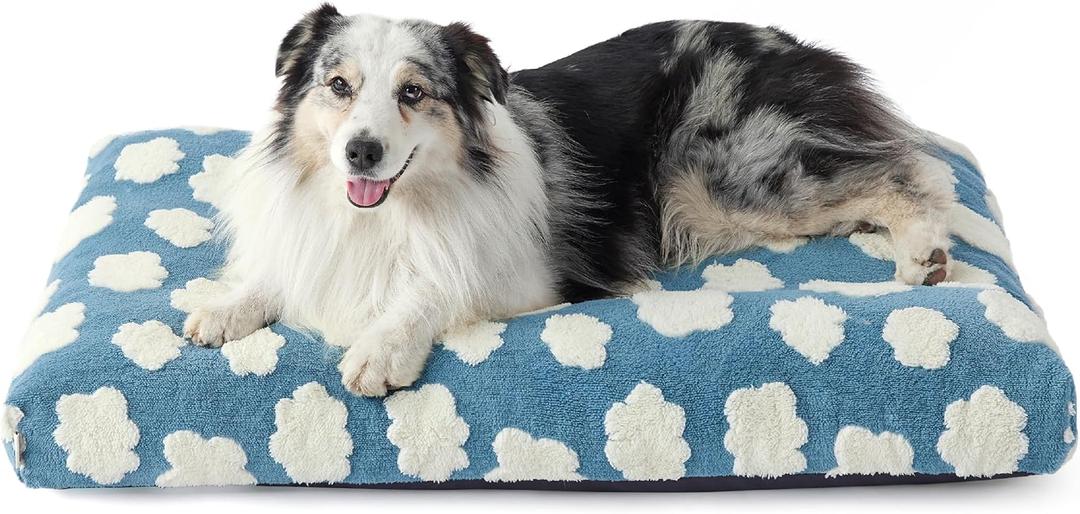 Lesure XLarge Dog Bed-Thick Shredded Chopped Foam Pet Bed Indoor with Removable Cover, Cute Modern Fuzzy Plush & Anti Slip Bottom, Blue (41.0"L x 28.0"W x 4.0"Th)