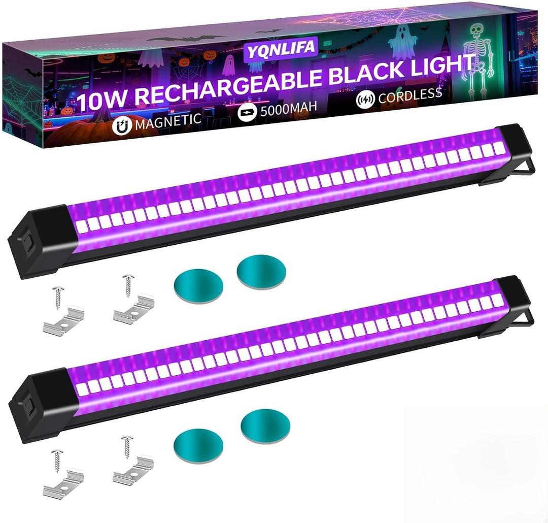 YQNLIFA 5000mAh Rechargeable Black Light Bar, Battery Powered Black Lights for Glow Party, Cordless Blacklight Strip for Halloween Decorations, Fluorescent Poster, Body Paint, Uranium Glass, 2 Pack