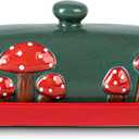 Mushroom Ceramic Butter Dish With Lid for Countertop - Red Container Tray, Large Covered