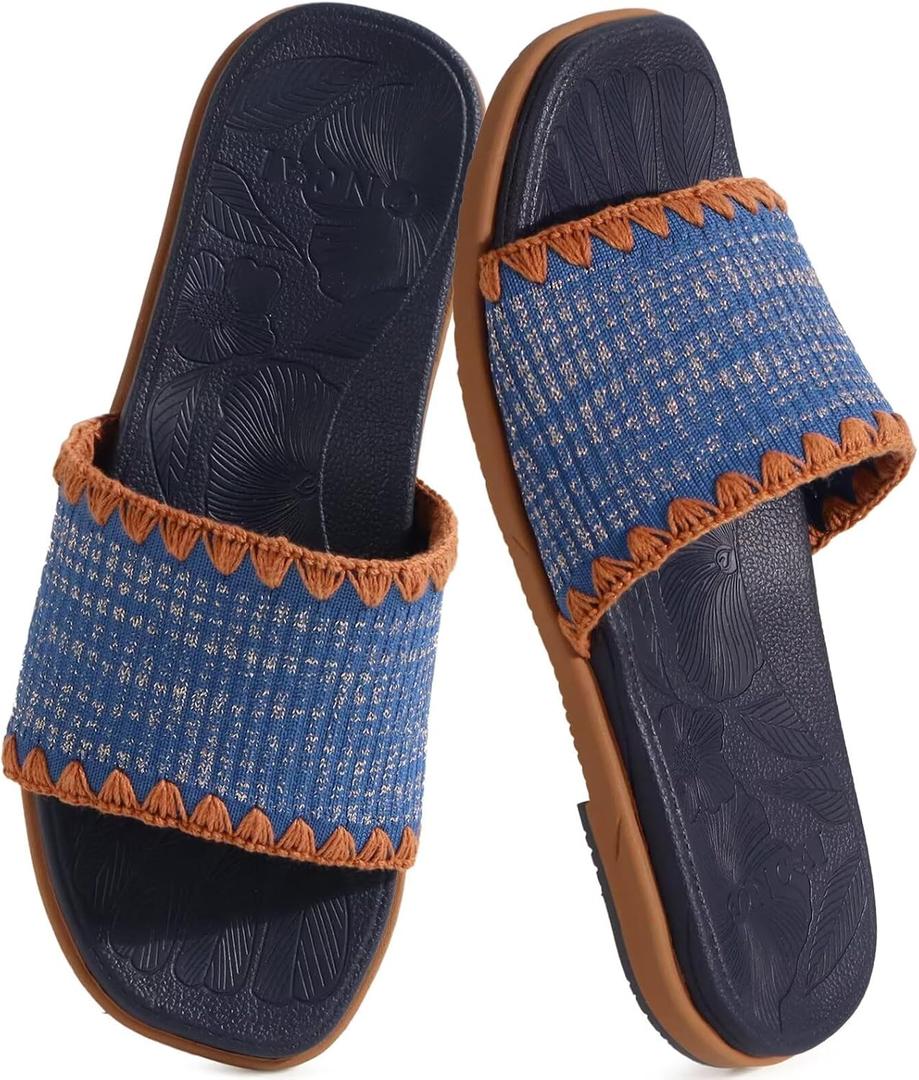 ONCAI Womens Flat Slides Sandals Soft Knitted with Golden Thread Inlay Summer Vacation Walking Sandalias Mujer with Outdoor Rubber Soles