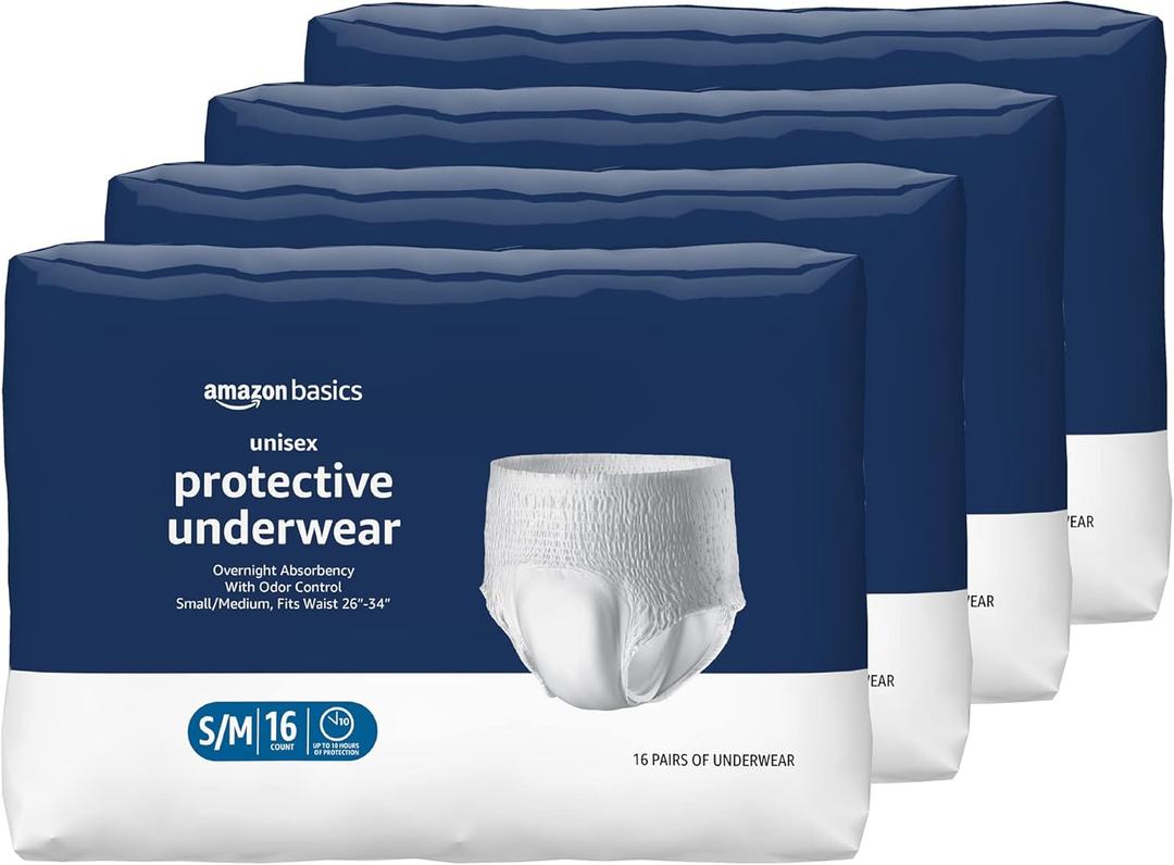 Amazon Basics Unisex Protective Underwear, Overnight Absorbency, Small/Medium, 64 Count, (4 Packs of 16)