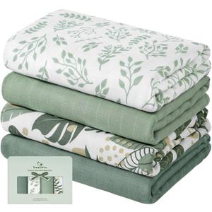 Yoofoss Muslin Swaddle Blankets, Organic Baby Blankets, 47 x 47 Inches Receiving Blanket for Baby Boys and Girls, Baby Essentials for Newborns Soft Breathable (Green & Leaves)