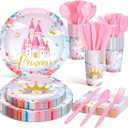 Meanplan 168 Pcs Princess Party Decorations Princess Plates and Napkins Castle Disposable Tableware Set for Girls Baby Shower Princessed Castle Birthday Party Supplies Serves 24 Guest