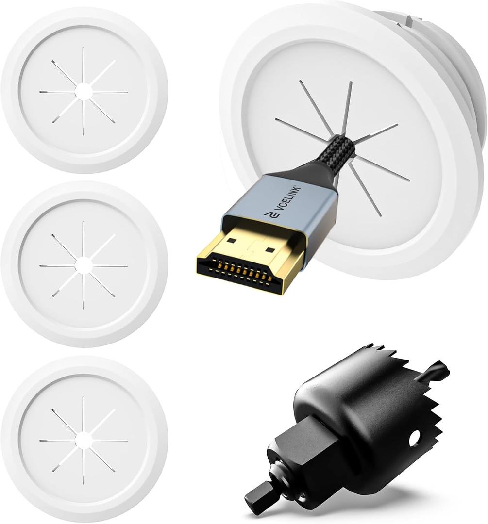 VCELINK TV Cord Hider for Wall Mounted TV, 2.36" (60 mm) Mini White Cable Management Kit Hides TV Wires- Push Type, 4 Pack Wall Cord Pass Throughs and 1 Hole Saw Drill- Ideal for Mounted TVs, Desks