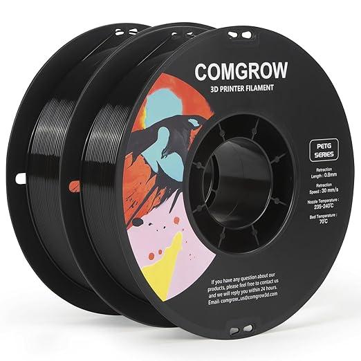 Comgrow PETG Filament 1.75mm, 3D Printer Filament 2kg Filament (4.4lbs), Dimensional Accuracy +/- 0.02 mm, Fit Most FDM Printers Black+Black