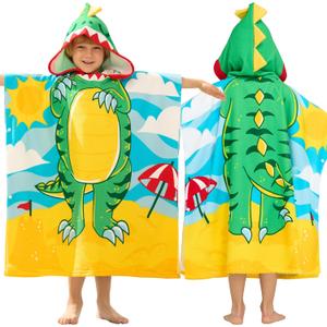 Joiedomi Kids Beach Towels with Hood for 3-10 Years Boys Girls Dinosaur Hooded Toddler Bath Towel Poncho Absorbent Quick Dry Soft Microfiber Swim Robe with Backpack Lightweight 30"x30" for Beach Pool (Green Beach Dinosaur)