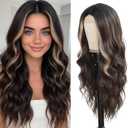Long Brown Wig for Women 26Inch Wavy Curly Brown Highlight Blonde Hair Wigs Synthetic Hair Replacement Wig Heat Resistant Hair Wig for Daily Party Use Halloween Costume Wigs