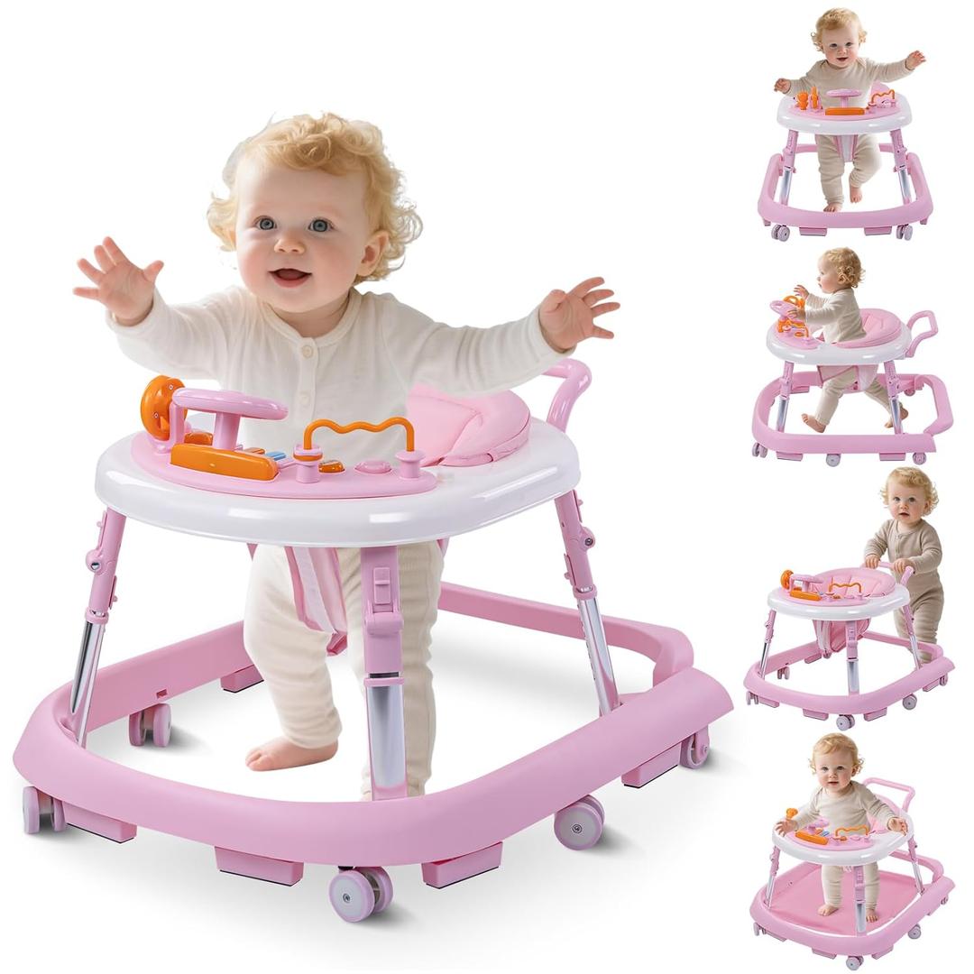 Foldable Baby Walker with Wheels  9 Adjustable Heights, Reinforced Frame, Activity Center with Music & Lights, Removable Tray, Two Rear Wheel Modes (Swivel or Forward-Only) for Babies 6-18 Months (Pink) Foldable Baby Walker with Wheels  9 Adjustable Heights, Reinforced Frame, Activity Center with Music & Lights, Removable Tray, Two Rear Wheel Modes (Swivel or Forward-Only) for Babies 6-18 Months (Pink)