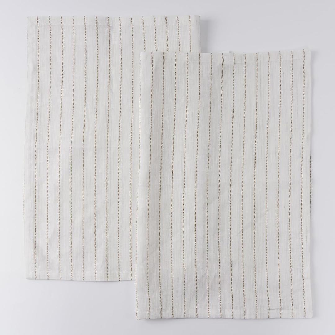 100% Pure Linen Kitchen Towels Set of 2 - French Stripe Design 18 x 24 Inch Dish Hand Towels - Handcrafted from Flax Linen Tea Towels- White