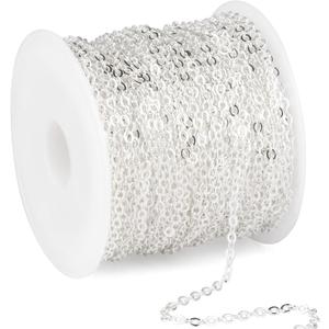 33 Feet Silver Plated Stainless Steel Cable Chain Bulk, 2.5mm 304 Stainless Steel Silver Flat Cable Link Chains Roll Spool for Jewelry Making Necklace DIY Craft