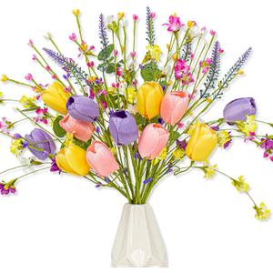 Artificial Spring Flowers 12 Pack Spring Flower Stems 17 Inch Floral Picks with Pink Yellow Purple Tulips Wildflowers for Centerpieces Vases Floral Arrangements Summer Easter Decor