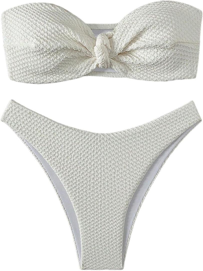 SHENHE Women's Strapless Tie Front 2 Piece Swimsuits Sexy Thong Bandeau Bikini Set (Large, Beige)