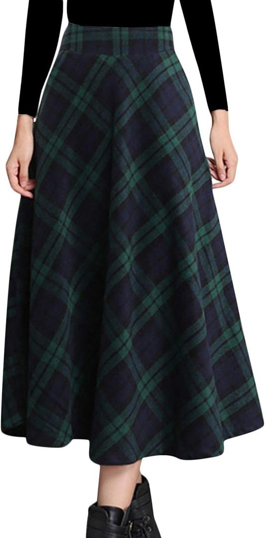 Tanming Women's Winter Warm Elastic Waist Wool Plaid A-Line Pleated Long Skirt (Medium, Green)