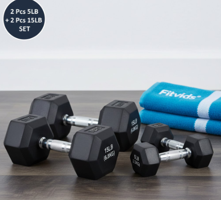 Fitvids Rubber Encased Hex Dumbbell Set Contoured Handle for Muscle Toning, Strength Building & Full Body Workout, 2 Pcs  5LB and 2 Pcs 15LB