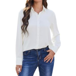 SPRING SEAON Women's Button Down Shirts Causal Collared Blouses Work Office Long Sleeve Chiffon Blouse for Ladies (Medium, Pure White)