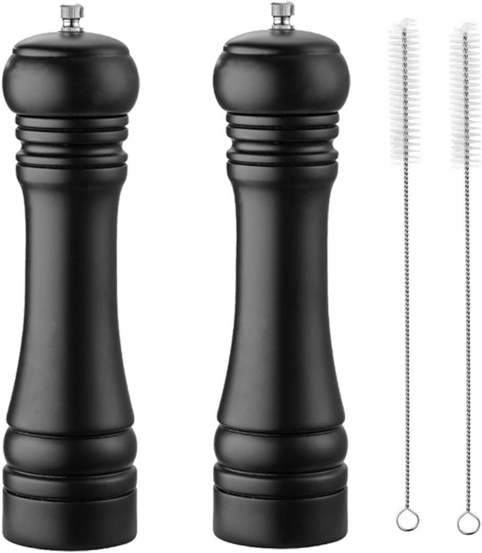 Black Set Salt Pepper Mill, Wooden Pepper Grinder Manual Mills Solid with Strong Adjustable Ceramic Grinders 2 Piece 8 Inches