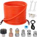 70FT Pressure Washer Sewer Jetter Kit, 5800 PSI Water Jet Drain Cleaner Hose with Corner Rotating Button Nose Nozzle, 1/4 Inch NPT, Sewer Jetter Nozzles Kit with Spanner Handle Strap