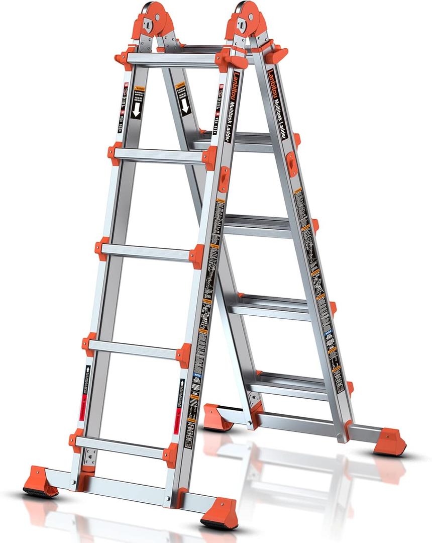 LANBITOU Ladder, A Frame 5 Step Ladder Extension, 17 Ft Anti-Slip Multi Position Ladder, Storage Folding Ladder, 330 lbs Security Load Telescoping Aluminum Ladders for Stairs Home Indoor Outdoor Roof