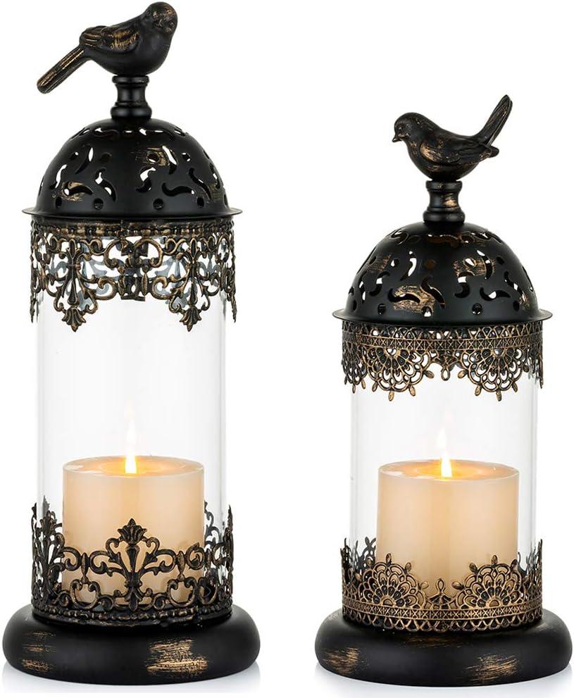 Nuptio Vintage Pillar Candle Holders Moroccan Wrought Iron Hurricane Candle Holder Ornate Centerpiece for Mantlepiece Decorations, Candlestick Holders for Table Living Room Balcony Garden, 2 Pcs (Black)