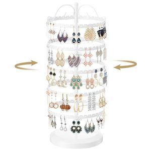 LASZOLA 5 Tier White Earring Holder Organizer Tree Women Display Storage for Stud and Hoop, Large Cool Rotating Clip Stand for Pierced and Dangle Earring, Vertical Metal Tower Carousel with 400 Holes White