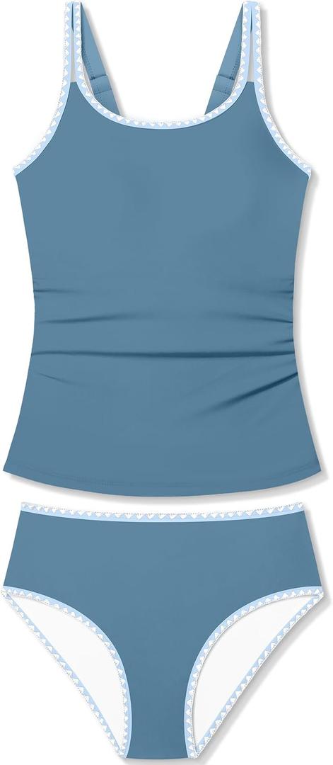 Girls Swimsuit Solid Color 2 Piece Girls Tankini Swimsuit Contrast Trim Teen Bathing Suit Padded Modest Swimwear 11-12y