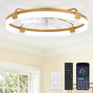LEDIARY 24" Ceiling Fans with Lights and Remote, Modern Low Profile Ceiling Fan, 3 CCT, Stepless Dimmable, Fandelier Flush Mount Fan Light, 6 Speeds, DC Motor, App & Remote Control for Bedroom(Gold)