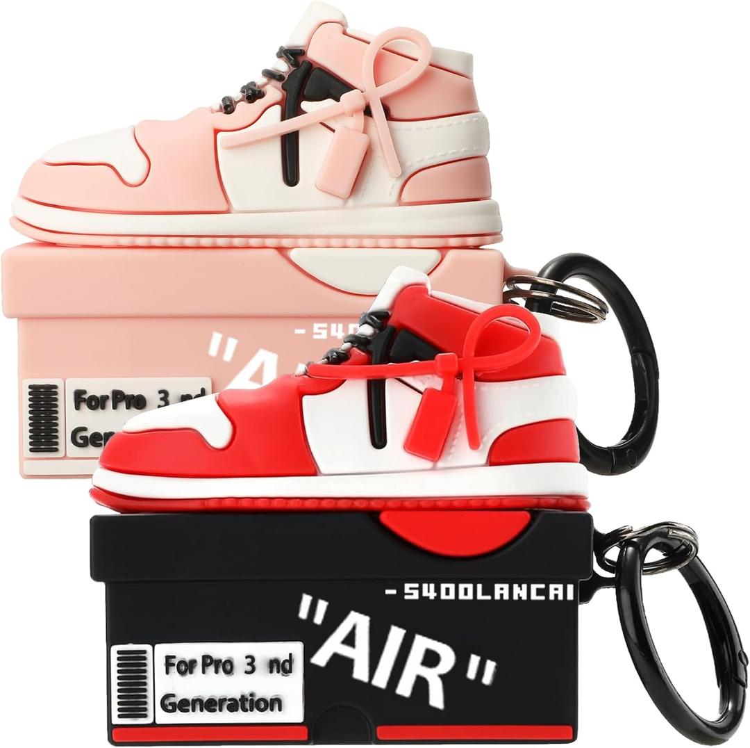 [2Pac] Compatible Airpods Pro 3 Case (2025),3D Cute Cartoon Shoe Box Soft Silicone Protective Cases for Apple AirPods Pro 3rd Generation Case,Airpod Pro 3 Cover with Keychain for Women Men,Red+Pink