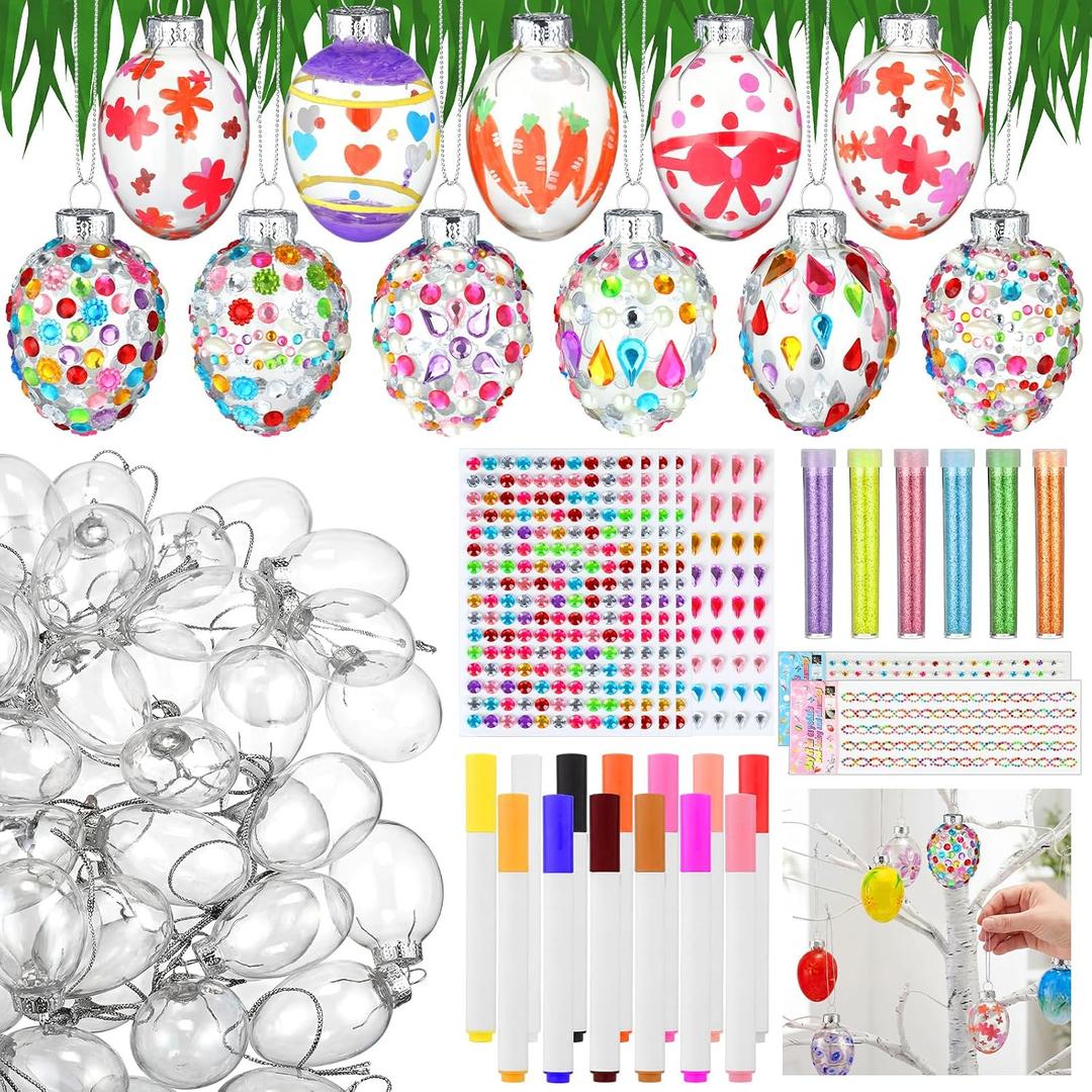 24 Pcs DIY Glass Easter Egg Craft Kit with 12 Markers, 6 Glitter Powder, 10 Diamond Stickers, Easter Tree Ornaments, Hanging Glass Eggs with Rope for Decoration, Egg Hunts