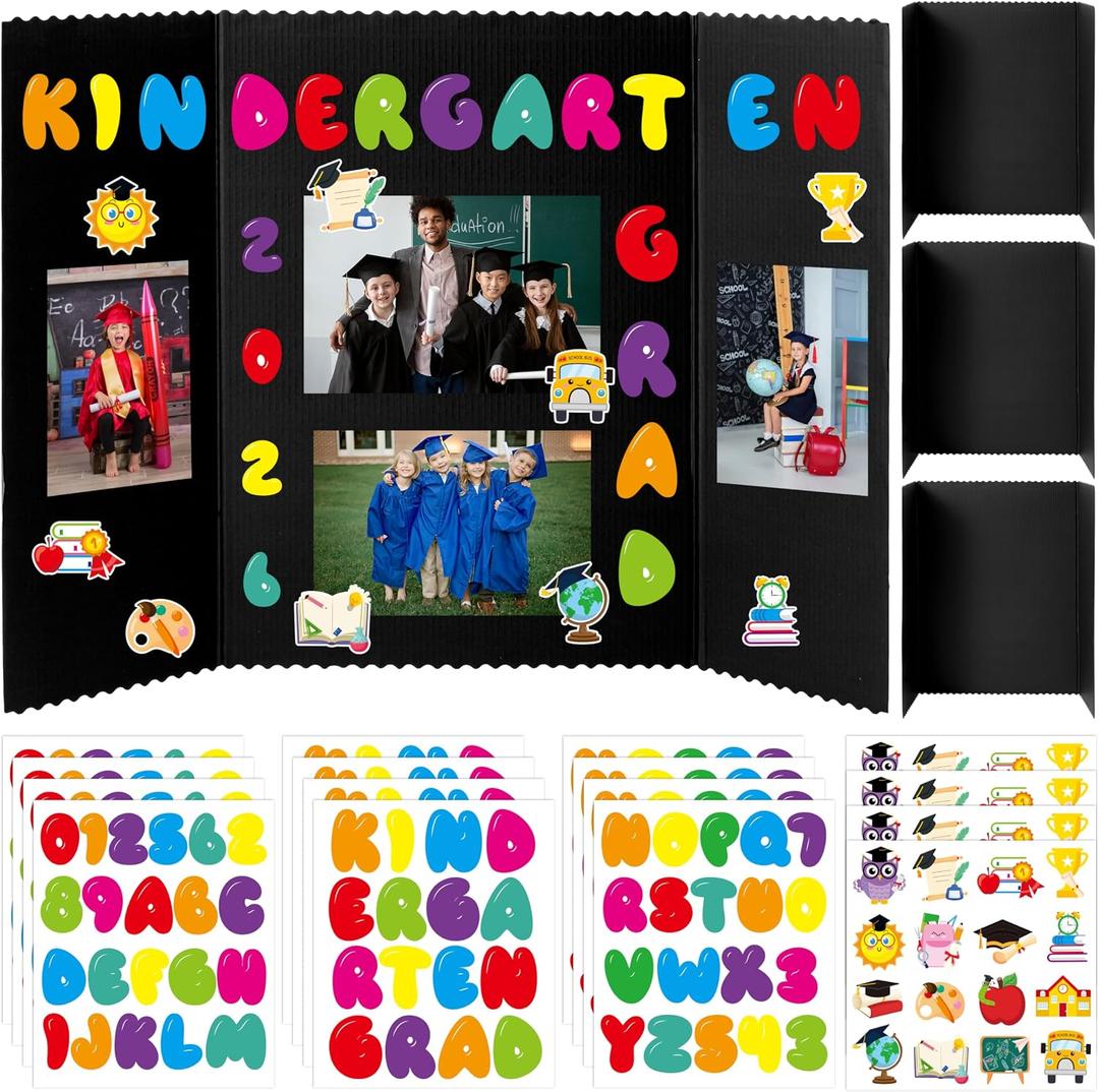 ANGOLIO Kindergarten Graduation Photo Display Board - 4 Sets Graduation Photo Trifold Poster Board with 16 Grad Themed Sticker for 2026 Grad Party Decoration Picture Collage Frame Supplies (24” x 16”)